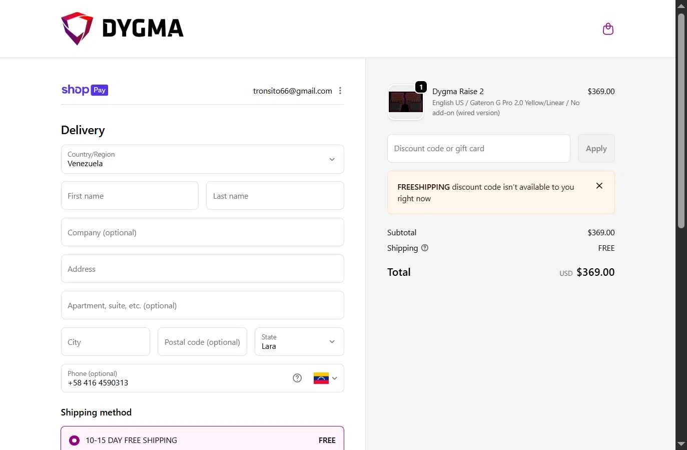 Dygma checkout page showing Dygma discount code box | Screenshot taken by SimplyCodes community member on Jan 11, 2026
