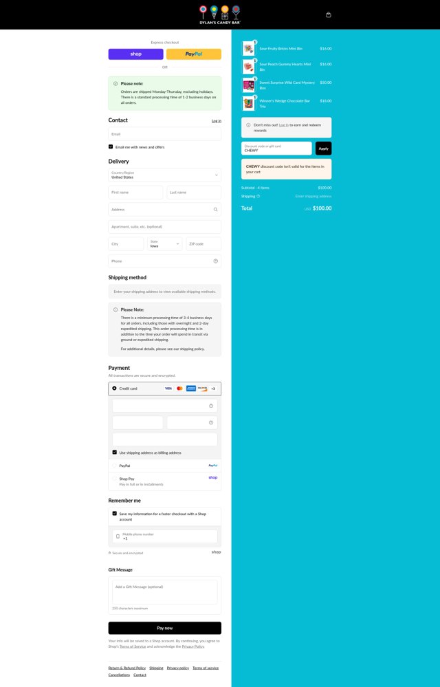 Dylan's Candy Bar checkout page showing Dylan's Candy Bar promo code box | Screenshot taken by SimplyCodes community member on Aug 31, 2025