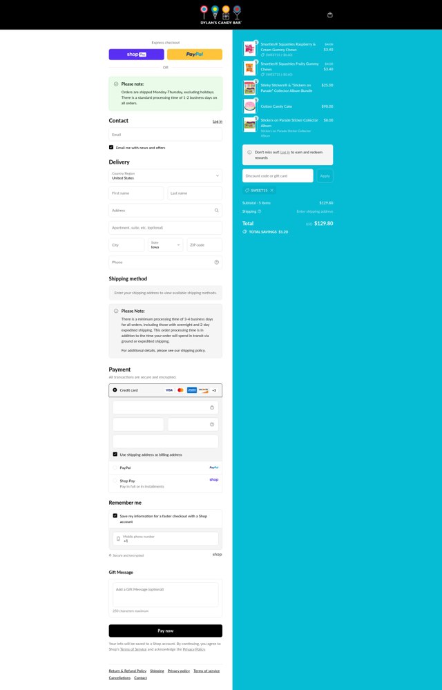 Dylan's Candy Bar checkout page showing Dylan's Candy Bar promo code box | Screenshot taken by SimplyCodes community member on Aug 17, 2025