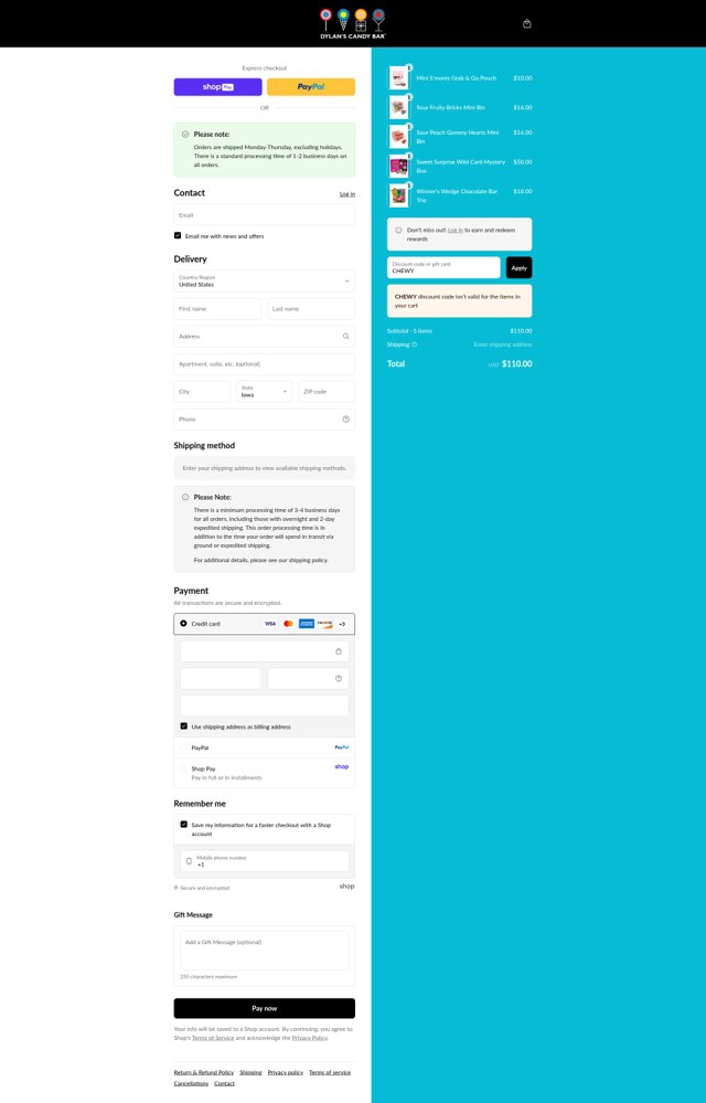Dylan's Candy Bar checkout page showing Dylan's Candy Bar promo code box | Screenshot taken by SimplyCodes community member on Aug 23, 2025