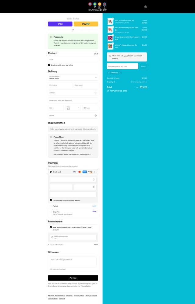 Dylan's Candy Bar checkout page showing Dylan's Candy Bar promo code box | Screenshot taken by SimplyCodes community member on Aug 31, 2025
