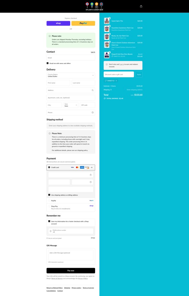 Dylan's Candy Bar checkout page showing Dylan's Candy Bar promo code box | Screenshot taken by SimplyCodes community member on Sep 4, 2025