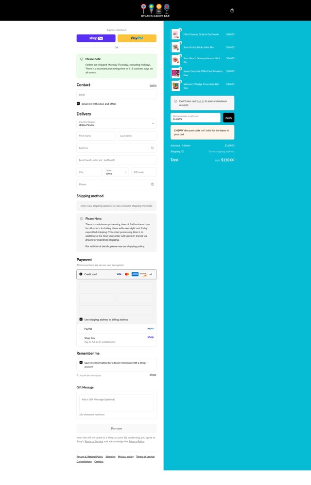 Dylan's Candy Bar checkout page showing Dylan's Candy Bar promo code box | Screenshot taken by SimplyCodes community member on Aug 27, 2025