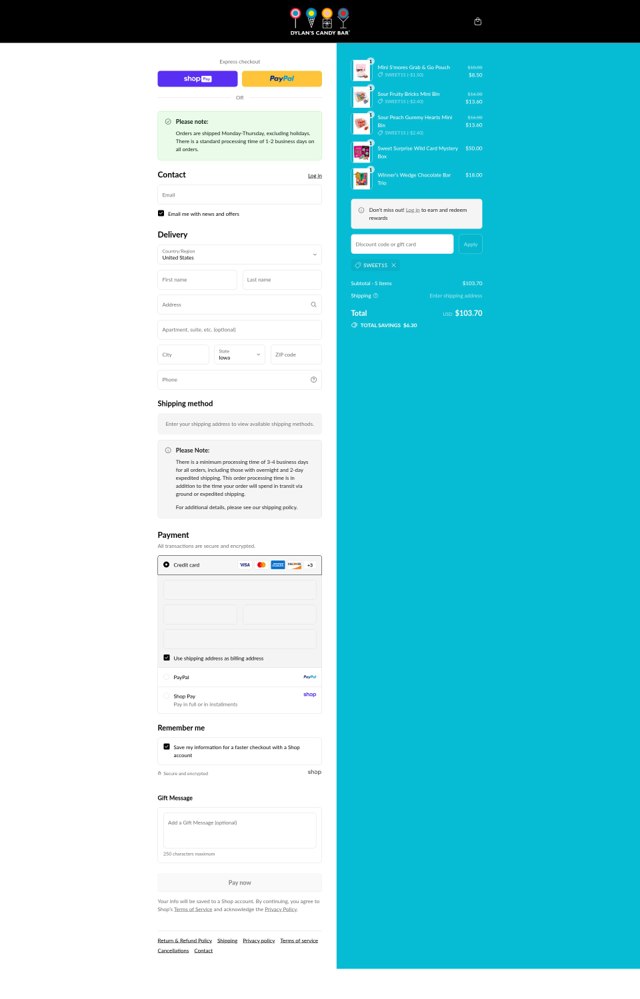 Dylan's Candy Bar checkout page showing Dylan's Candy Bar promo code box | Screenshot taken by SimplyCodes community member on Aug 23, 2025