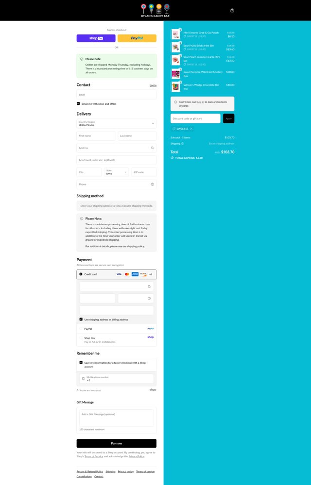 Dylan's Candy Bar checkout page showing Dylan's Candy Bar promo code box | Screenshot taken by SimplyCodes community member on Aug 27, 2025