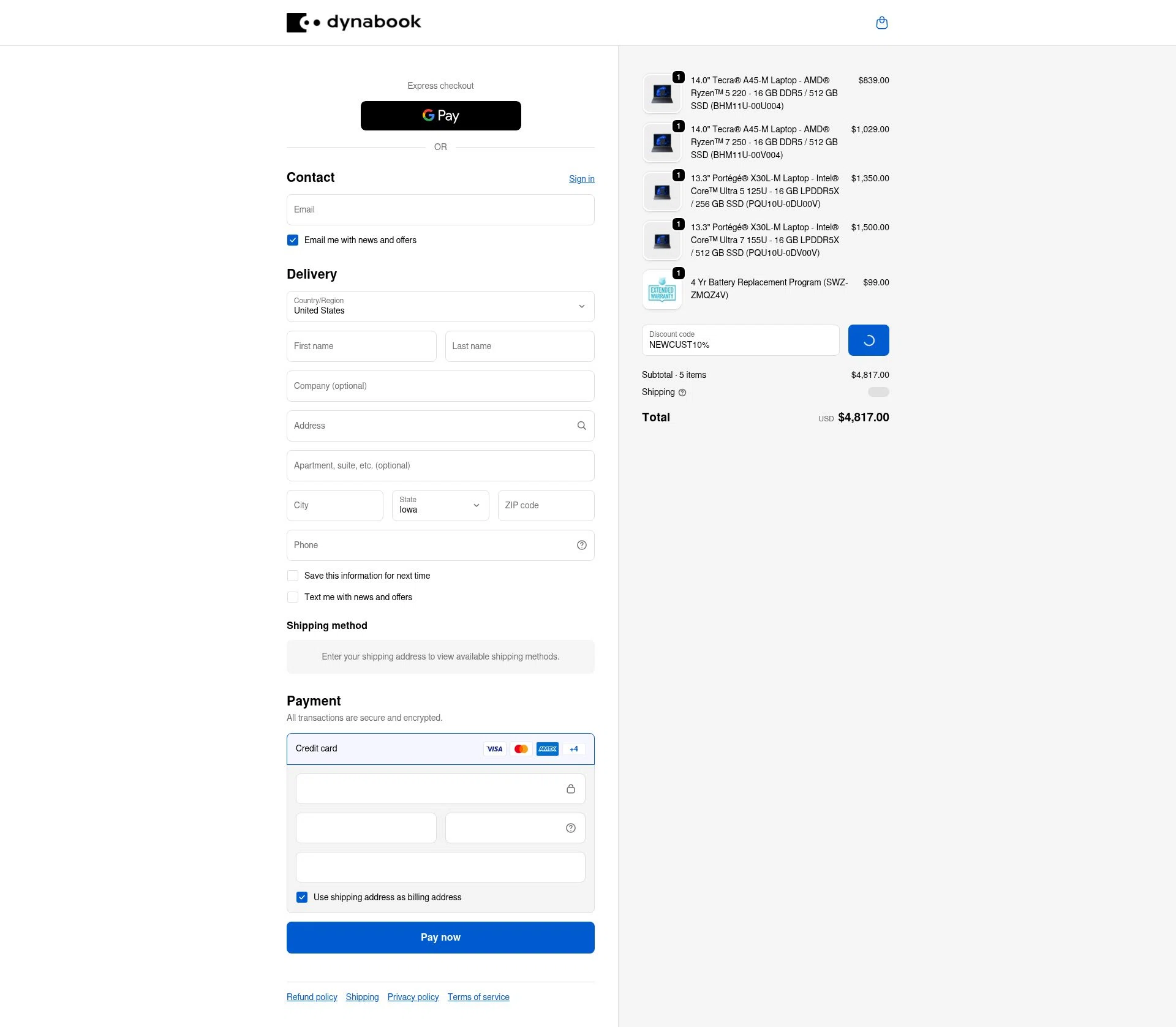 Dynabook US checkout page showing Dynabook US promo code box | Screenshot taken by SimplyCodes community member on Jan 1, 2026