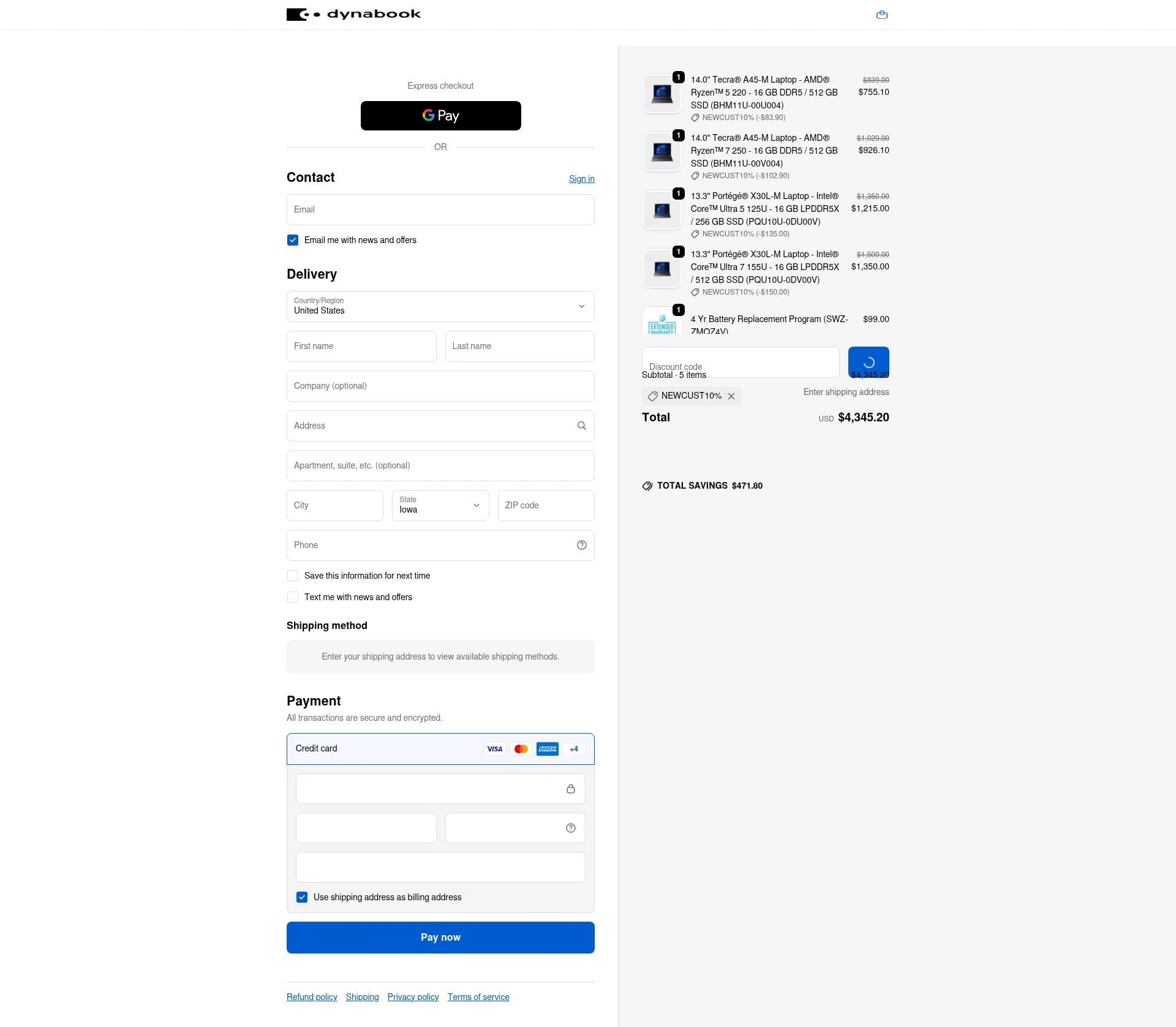 Dynabook US checkout page showing Dynabook US promo code box | Screenshot taken by SimplyCodes community member on Jan 16, 2026