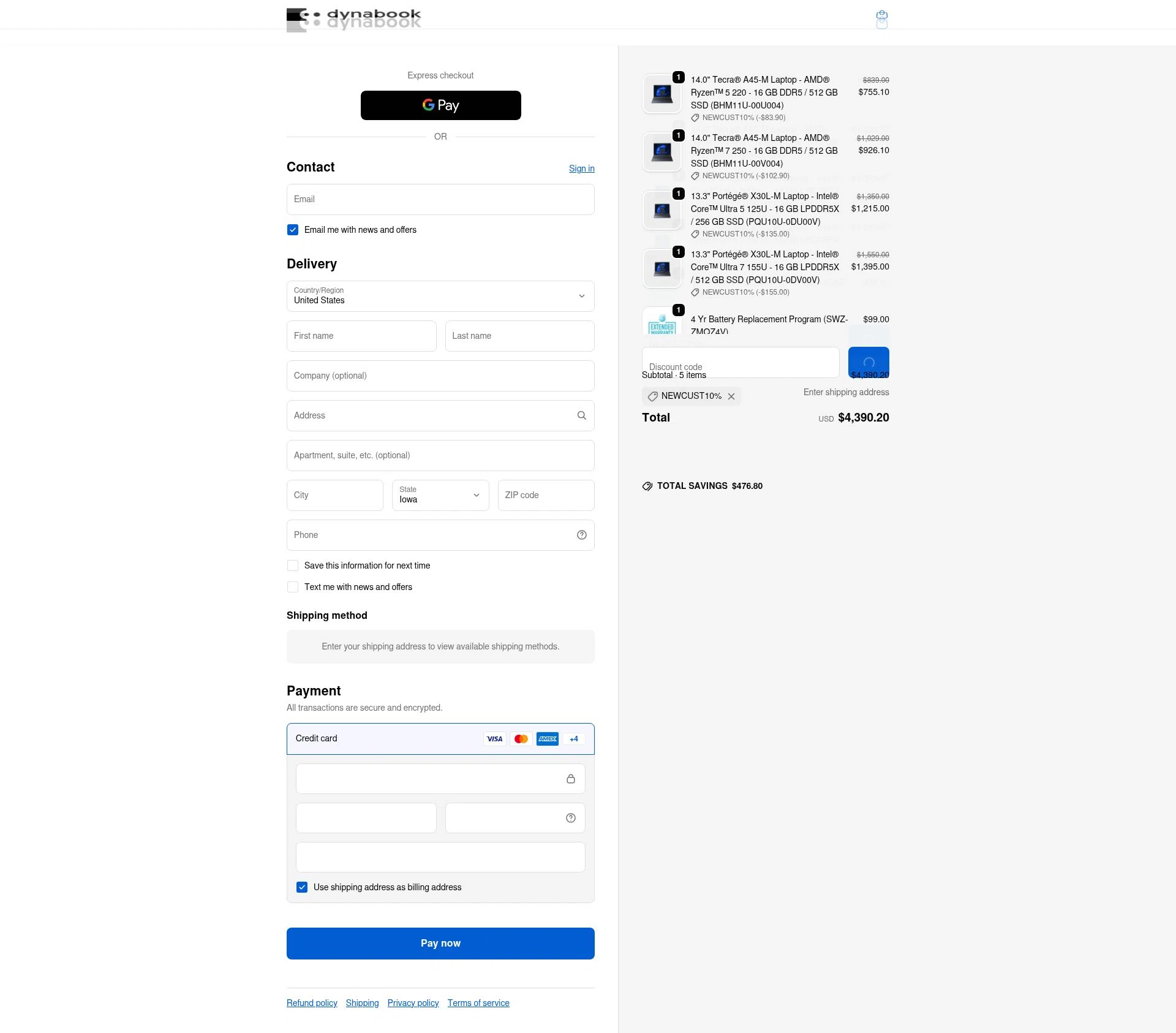 Dynabook US checkout page showing Dynabook US promo code box | Screenshot taken by SimplyCodes community member on Feb 12, 2026