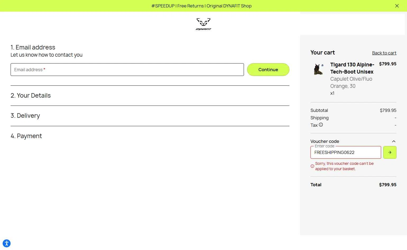 Dynafit checkout page showing Dynafit discount code box | Screenshot taken by SimplyCodes community member on Sep 17, 2025