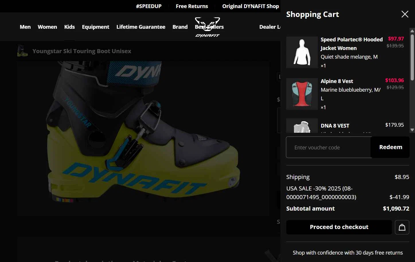 Dynafit checkout page showing Dynafit discount code box | Screenshot taken by SimplyCodes community member on Jul 8, 2025