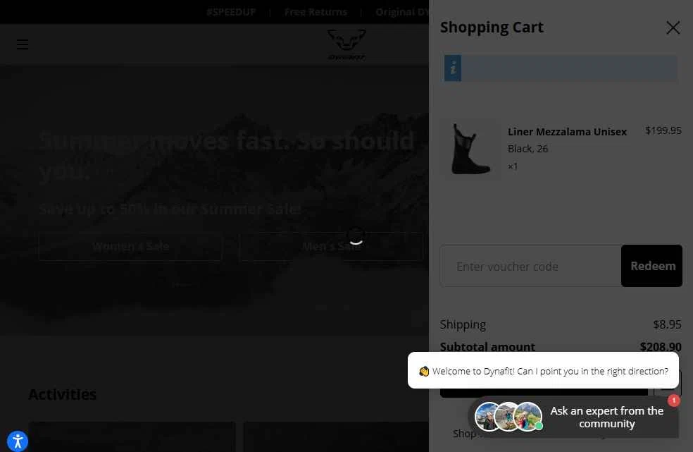 Dynafit checkout page showing Dynafit discount code box | Screenshot taken by SimplyCodes community member on Jul 8, 2025