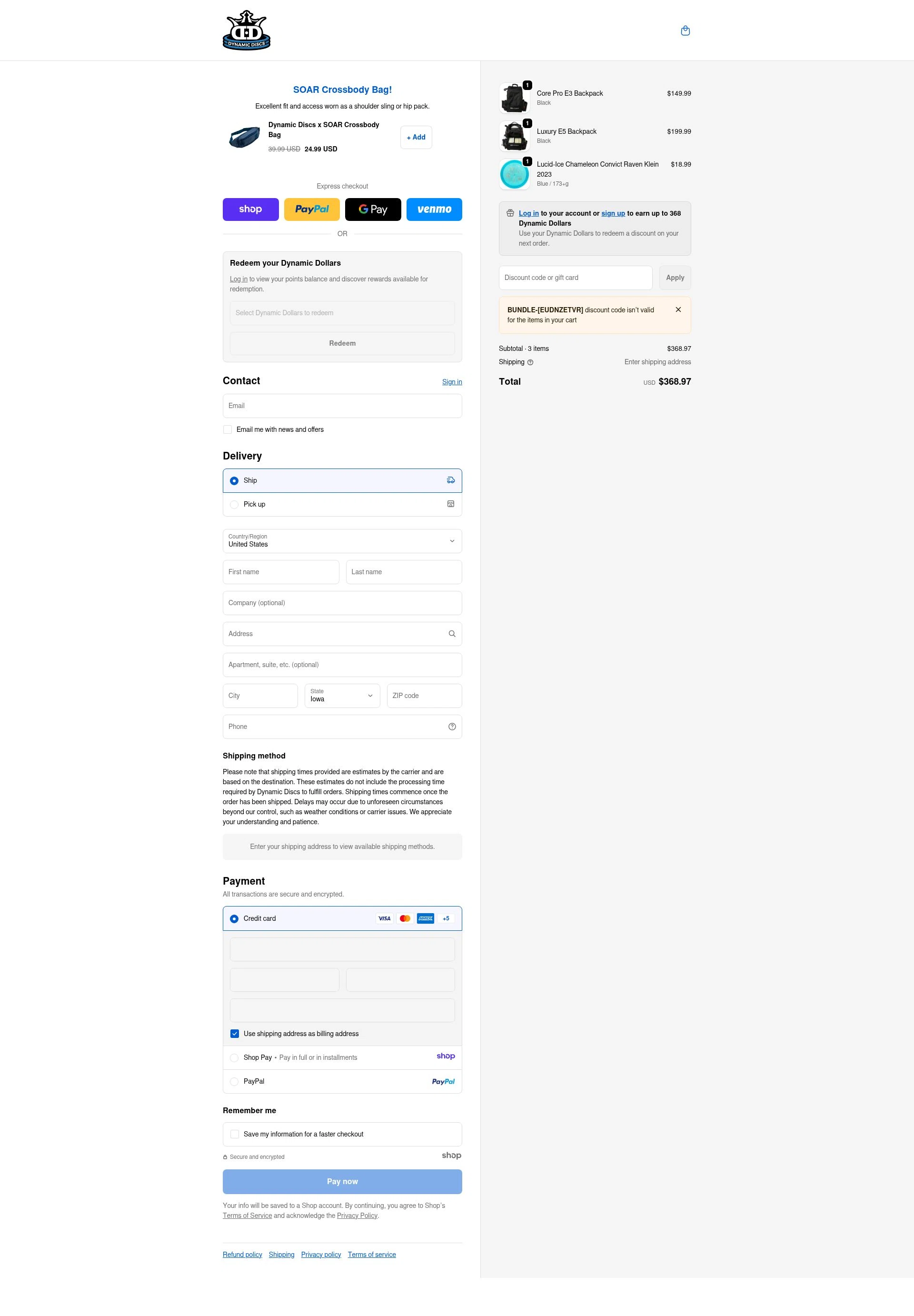 Dynamic Discs checkout page showing Dynamic Discs discount code box | Screenshot taken by SimplyCodes community member on Jan 8, 2026