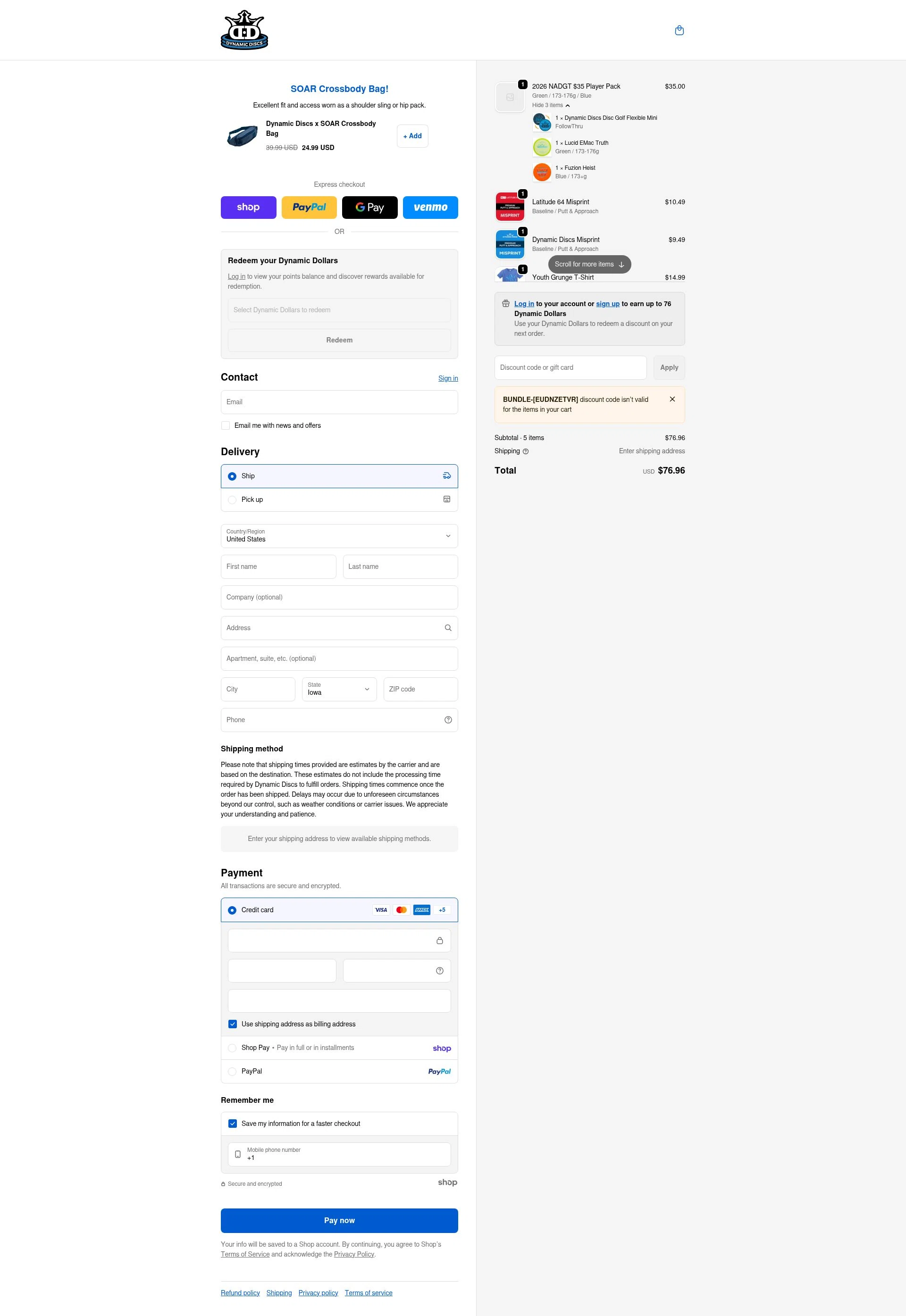 Dynamic Discs checkout page showing Dynamic Discs discount code box | Screenshot taken by SimplyCodes community member on Jan 23, 2026