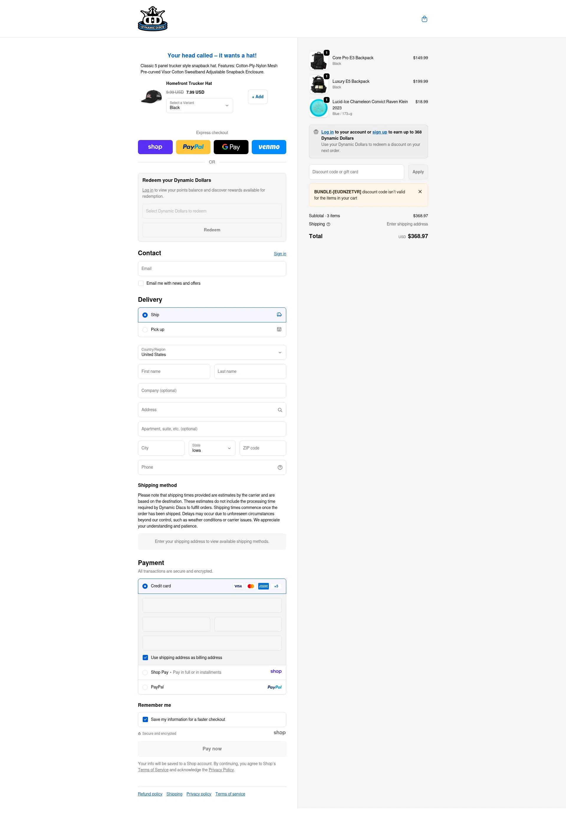 Dynamic Discs checkout page showing Dynamic Discs discount code box | Screenshot taken by SimplyCodes community member on Dec 24, 2025