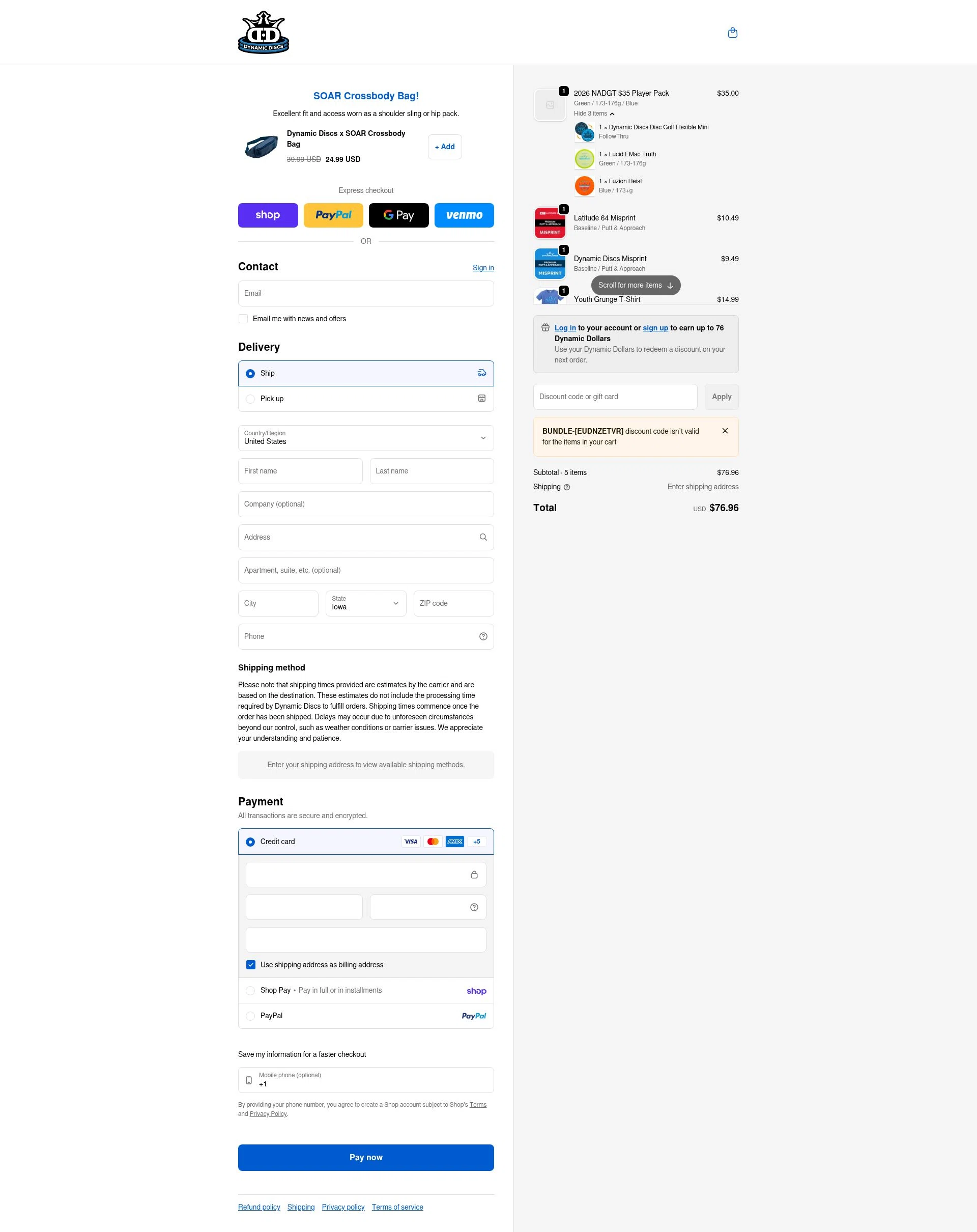 Dynamic Discs checkout page showing Dynamic Discs discount code box | Screenshot taken by SimplyCodes community member on Feb 1, 2026