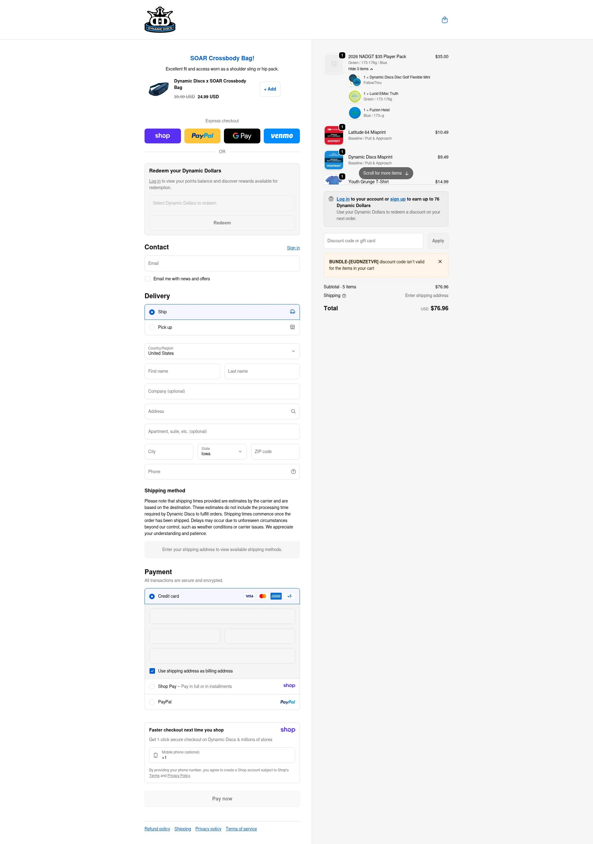 Dynamic Discs checkout page showing Dynamic Discs discount code box | Screenshot taken by SimplyCodes community member on Jan 13, 2026