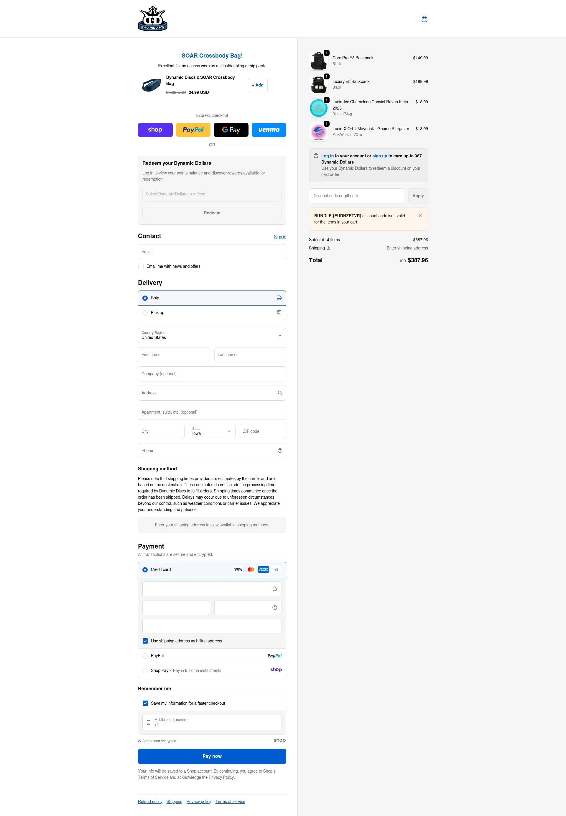 Dynamic Discs checkout page showing Dynamic Discs discount code box | Screenshot taken by SimplyCodes community member on Dec 17, 2025