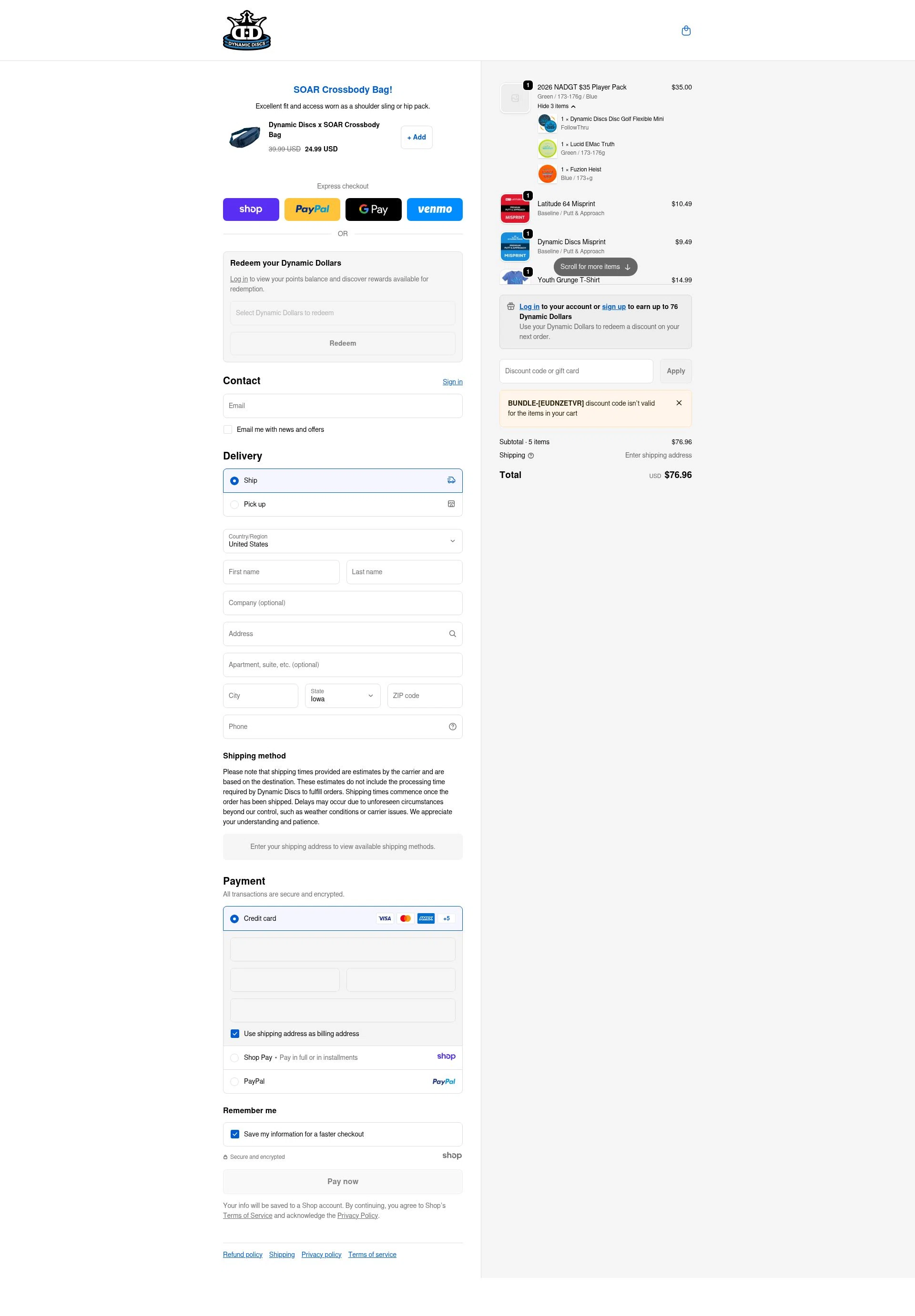 Dynamic Discs checkout page showing Dynamic Discs discount code box | Screenshot taken by SimplyCodes community member on Jan 18, 2026