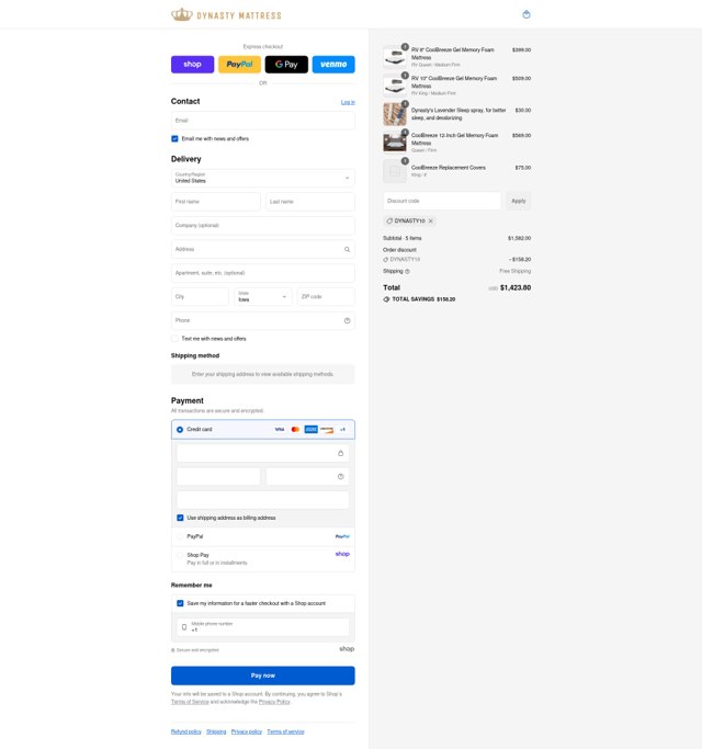 Dynasty Mattress checkout page showing Dynasty Mattress discount code box | Screenshot taken by SimplyCodes community member on Sep 2, 2025