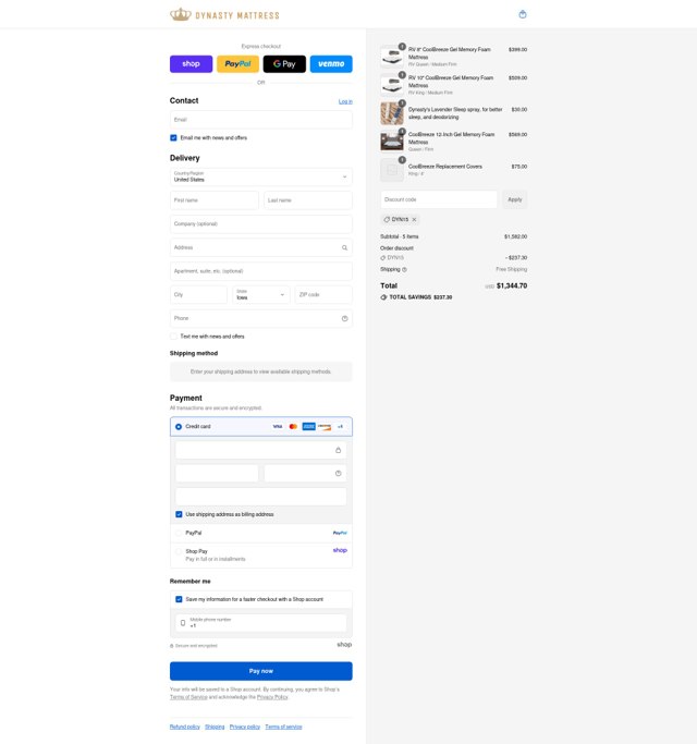 Dynasty Mattress checkout page showing Dynasty Mattress discount code box | Screenshot taken by SimplyCodes community member on Sep 2, 2025