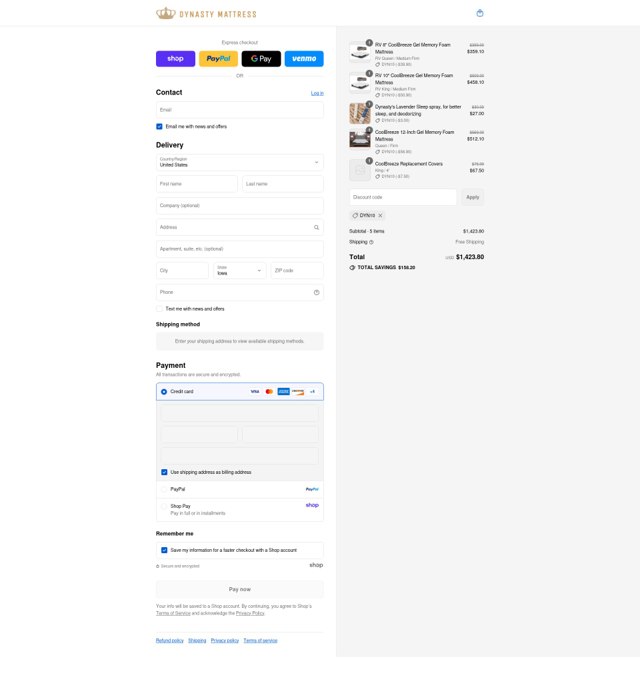 Dynasty Mattress checkout page showing Dynasty Mattress discount code box | Screenshot taken by SimplyCodes community member on Sep 2, 2025