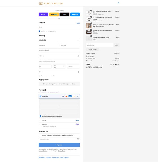 Dynasty Mattress checkout page showing Dynasty Mattress discount code box | Screenshot taken by SimplyCodes community member on Sep 2, 2025