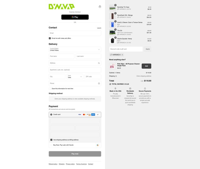DynaVap checkout page showing DynaVap discount code box | Screenshot taken by SimplyCodes community member on Sep 6, 2025