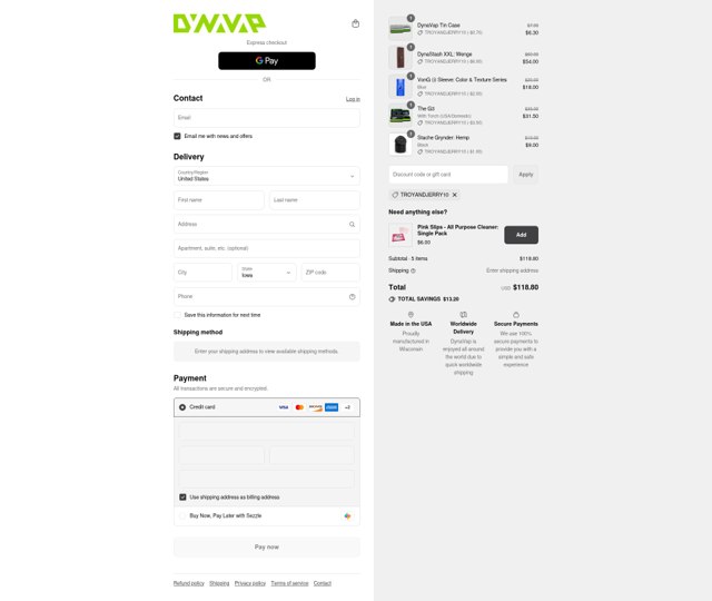 DynaVap checkout page showing DynaVap discount code box | Screenshot taken by SimplyCodes community member on Sep 6, 2025
