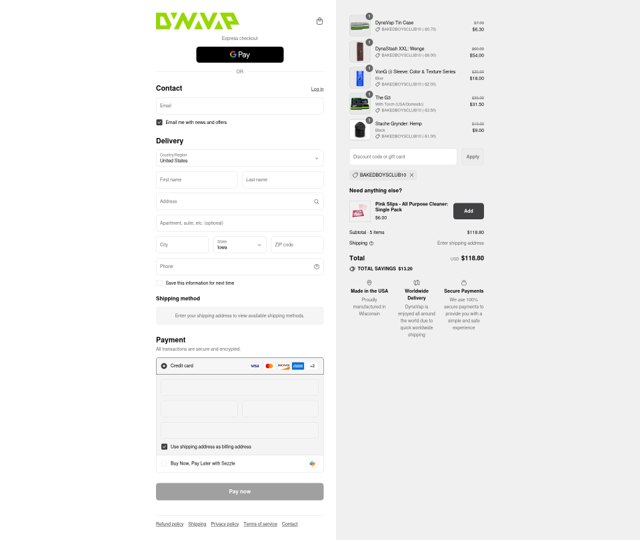 DynaVap checkout page showing DynaVap discount code box | Screenshot taken by SimplyCodes community member on Sep 6, 2025