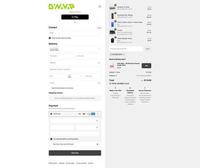 DynaVap checkout page showing DynaVap discount code box | Screenshot taken by SimplyCodes community member on Sep 6, 2025
