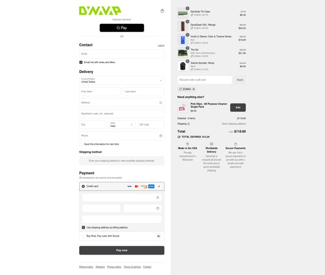 DynaVap checkout page showing DynaVap discount code box | Screenshot taken by SimplyCodes community member on Sep 6, 2025