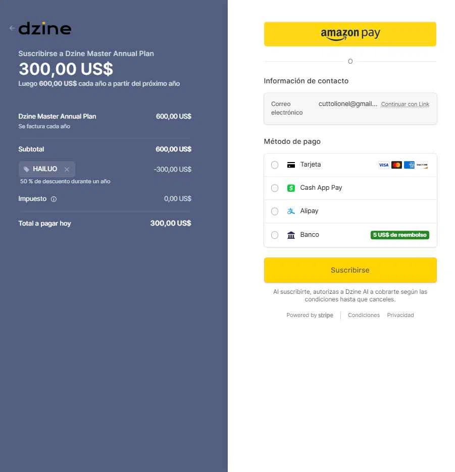 Dzine AI checkout page showing Dzine AI promo code box | Screenshot taken by SimplyCodes community member on Feb 10, 2026