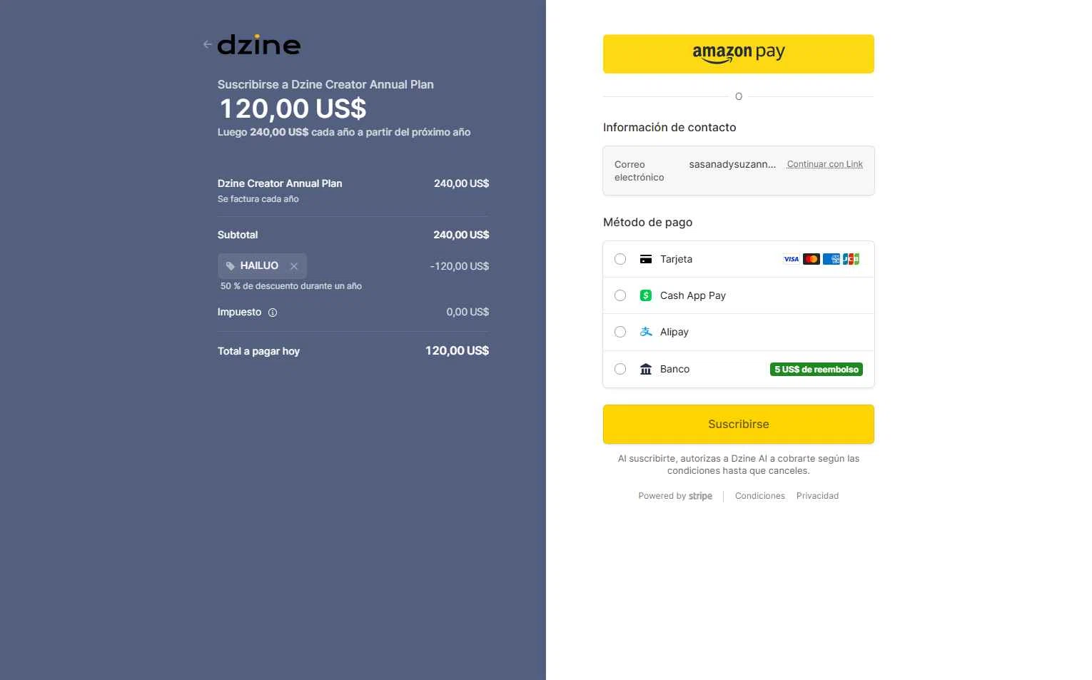 Dzine AI checkout page showing Dzine AI promo code box | Screenshot taken by SimplyCodes community member on Feb 7, 2026
