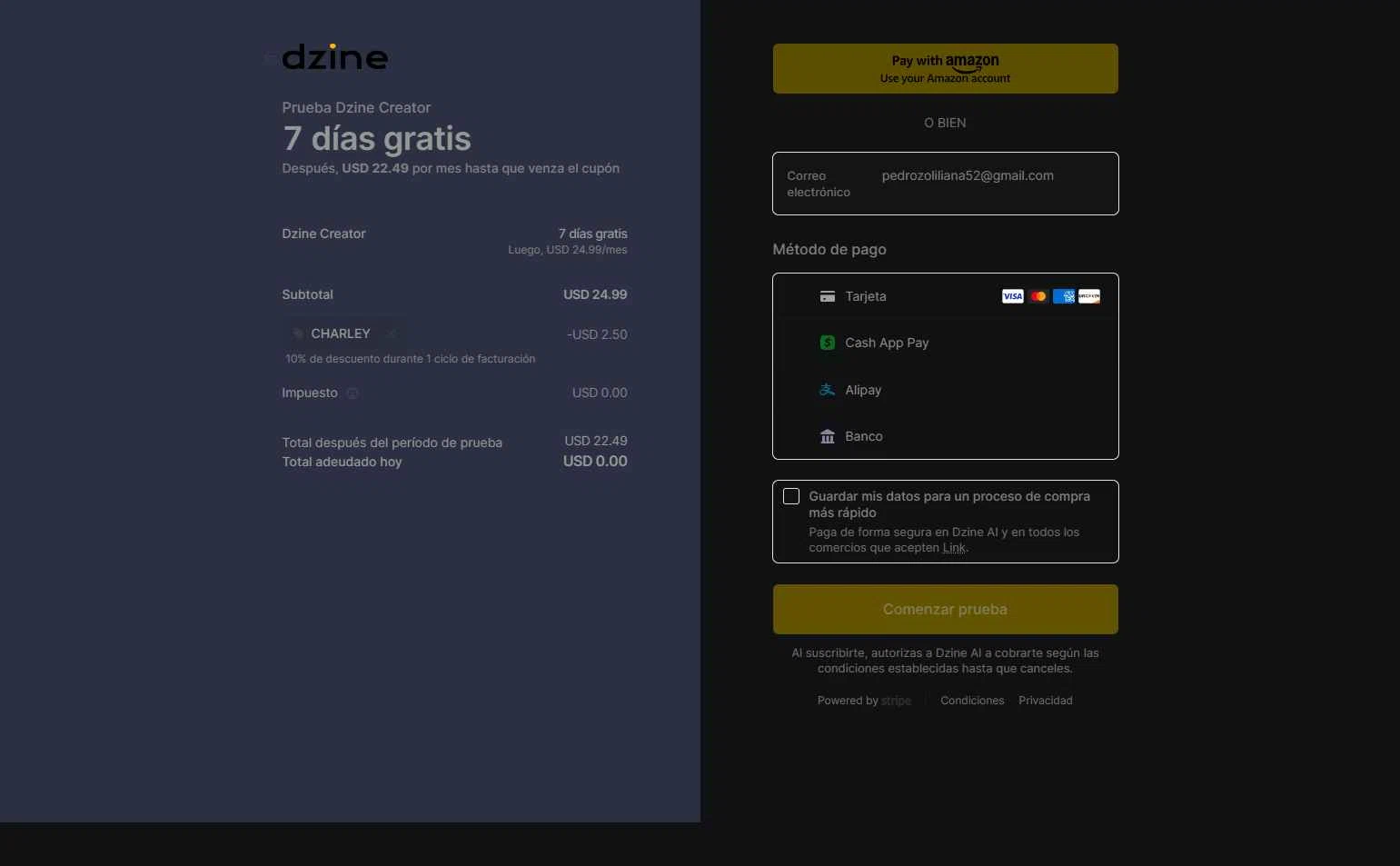Dzine AI checkout page showing Dzine AI promo code box | Screenshot taken by SimplyCodes community member on Dec 23, 2025
