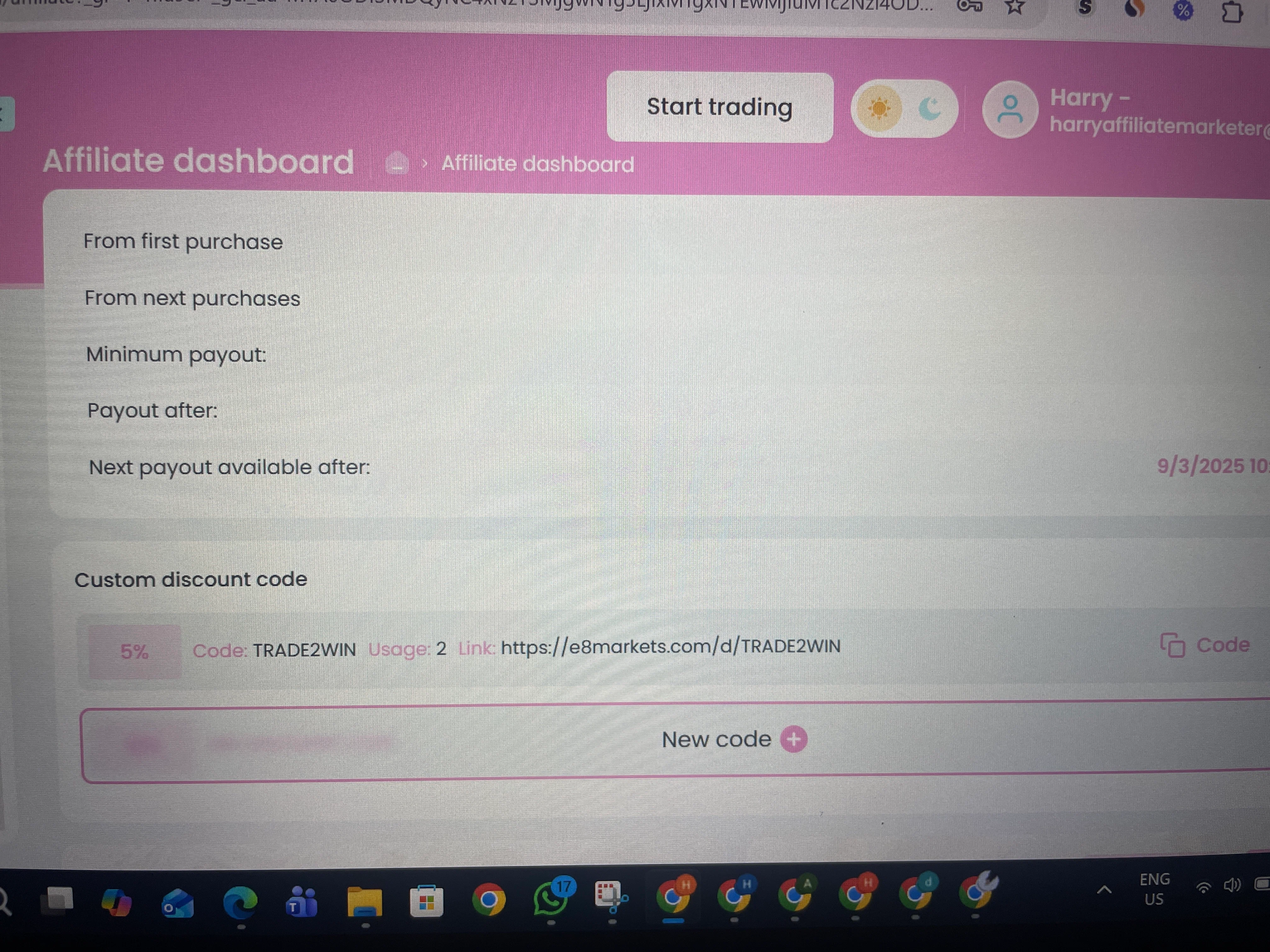 E8 Markets discount code screenshot showing code TRADE2WIN applied at E8 Markets checkout page. Uploaded by SimplyCodes community member Ava_Micheal on Jan 26, 2026