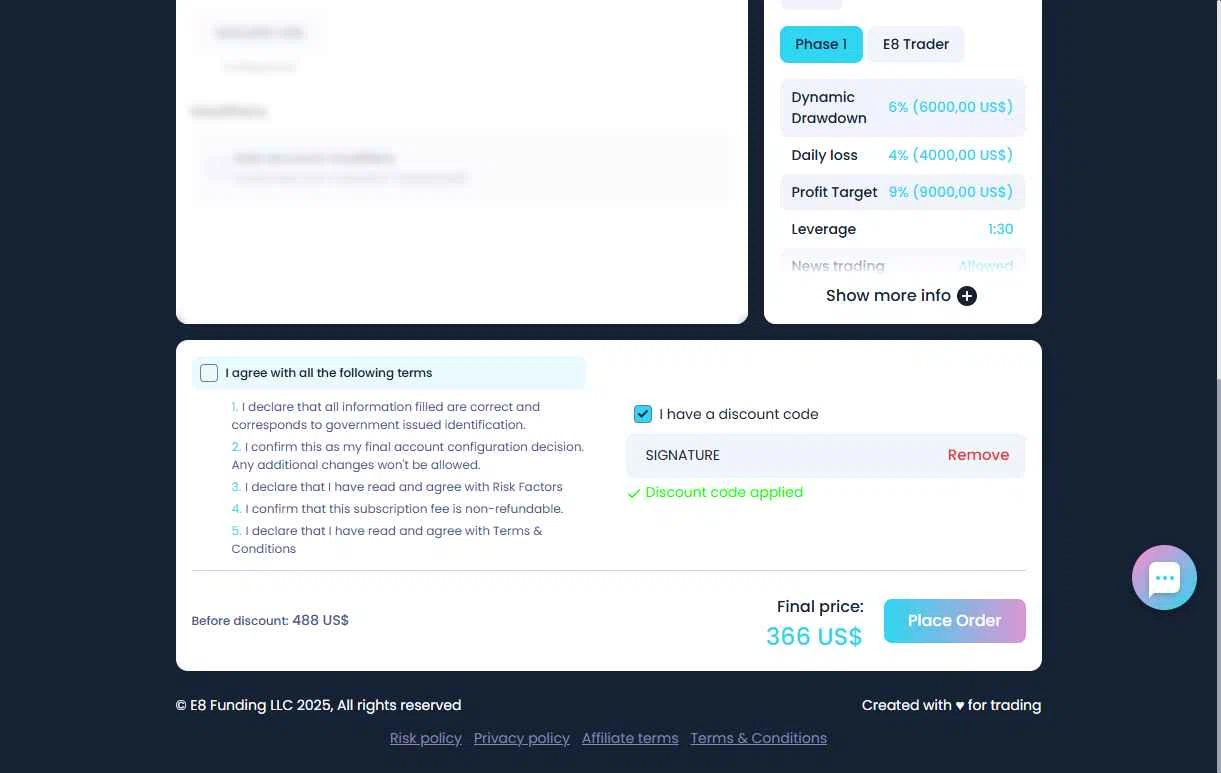 E8 Markets checkout page showing E8 Markets discount code box | Screenshot taken by SimplyCodes community member on Dec 18, 2025