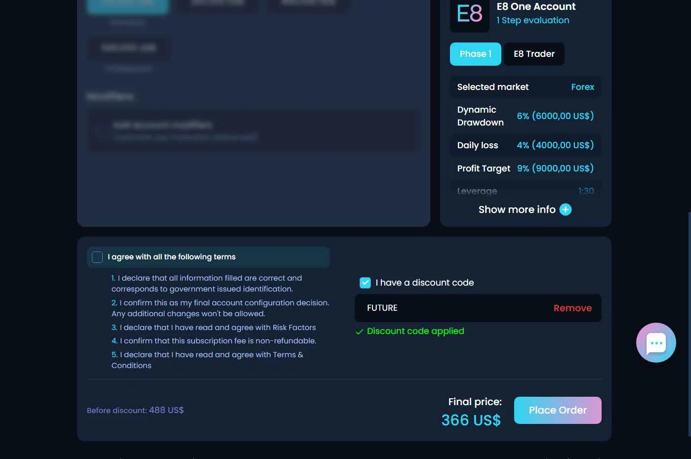 E8 Markets checkout page showing E8 Markets discount code box | Screenshot taken by SimplyCodes community member on Dec 27, 2025