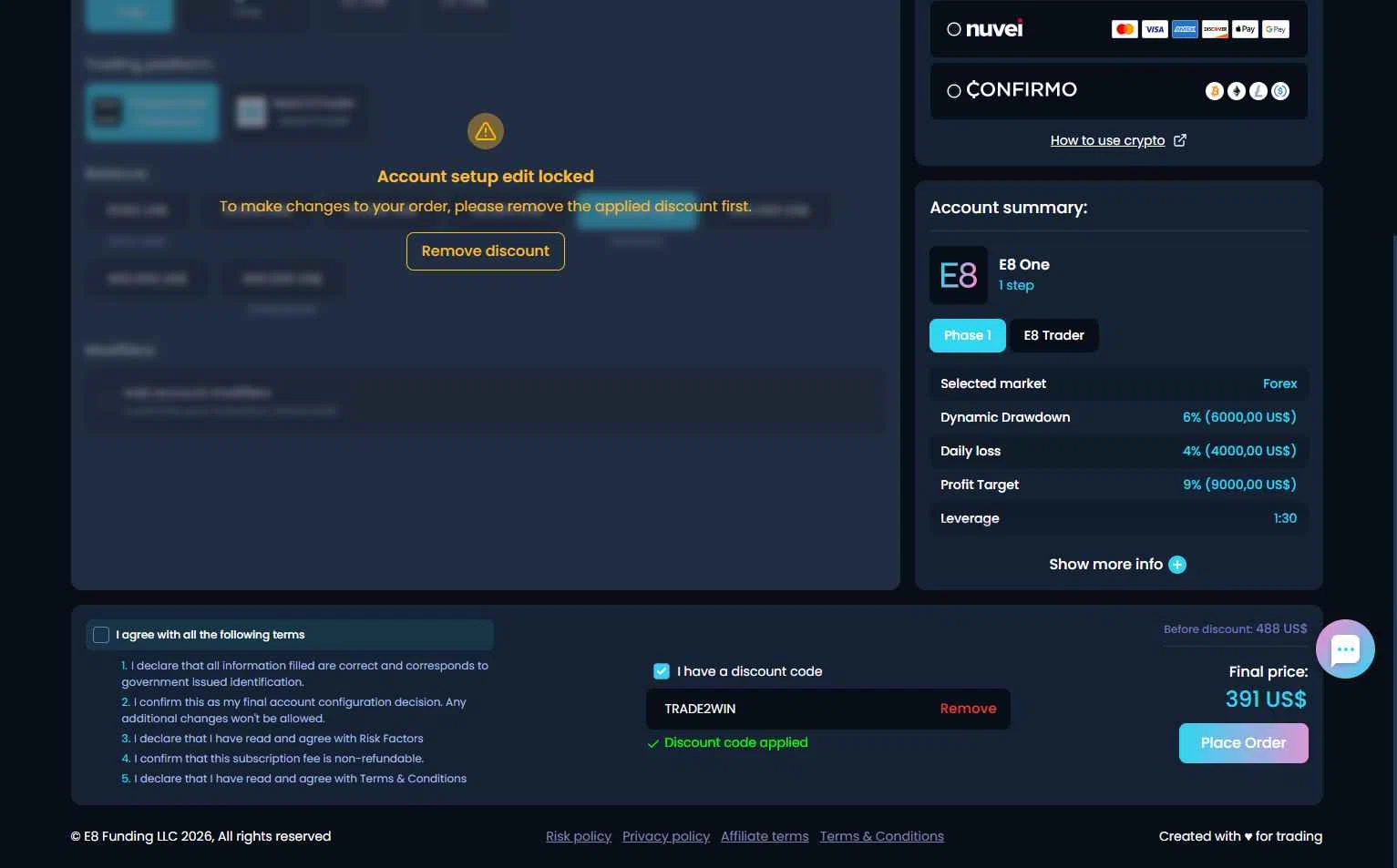 E8 Markets checkout page showing E8 Markets discount code box | Screenshot taken by SimplyCodes community member on Feb 5, 2026