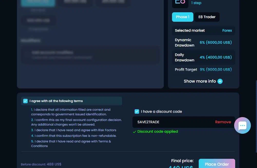 E8 Markets checkout page showing E8 Markets discount code box | Screenshot taken by SimplyCodes community member on Feb 16, 2026