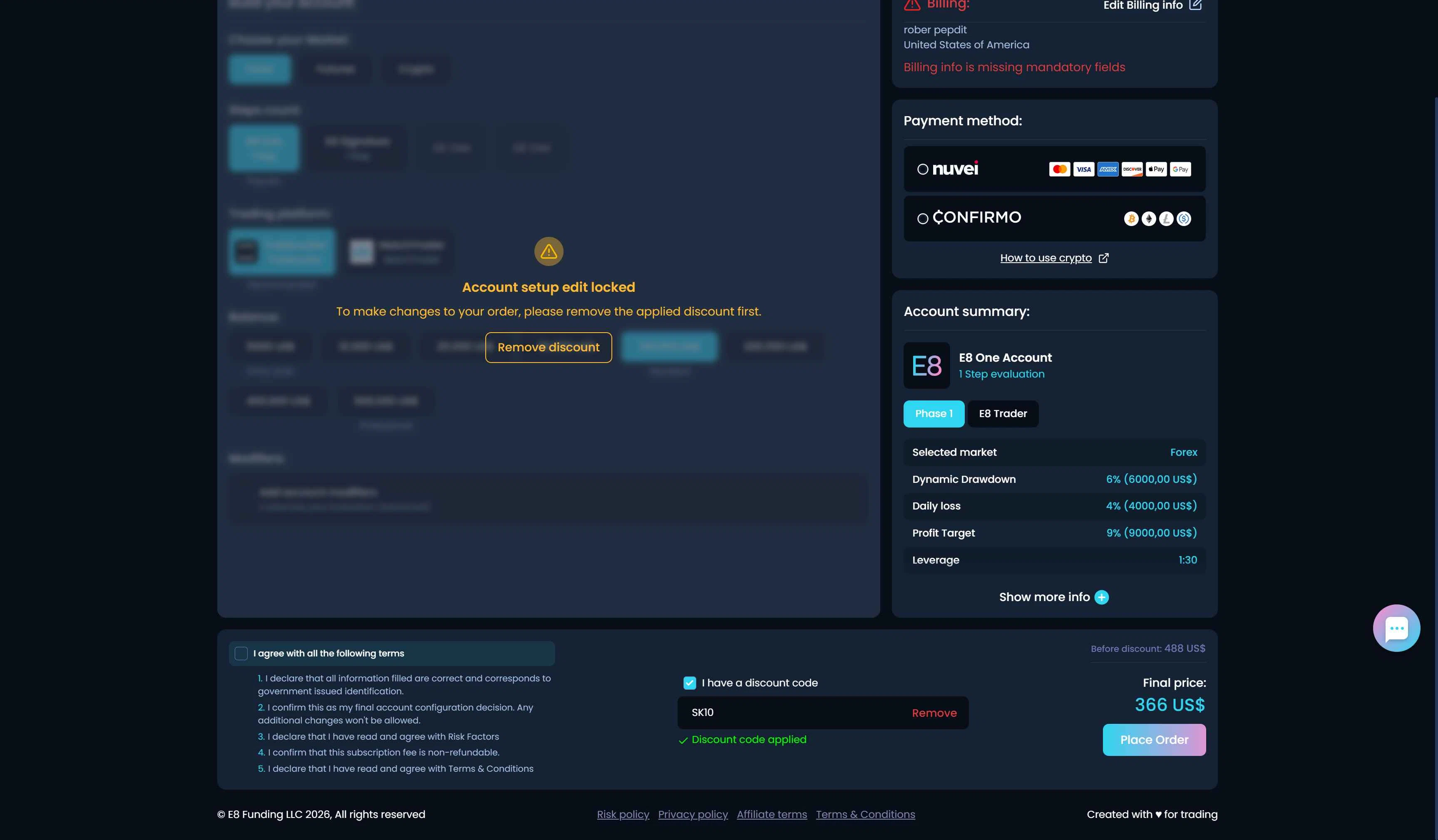 E8 Markets checkout page showing E8 Markets discount code box | Screenshot taken by SimplyCodes community member on Jan 6, 2026