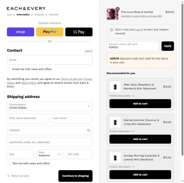 Each & Every checkout page showing Each & Every promo code box | Screenshot taken by SimplyCodes community member on Aug 14, 2025