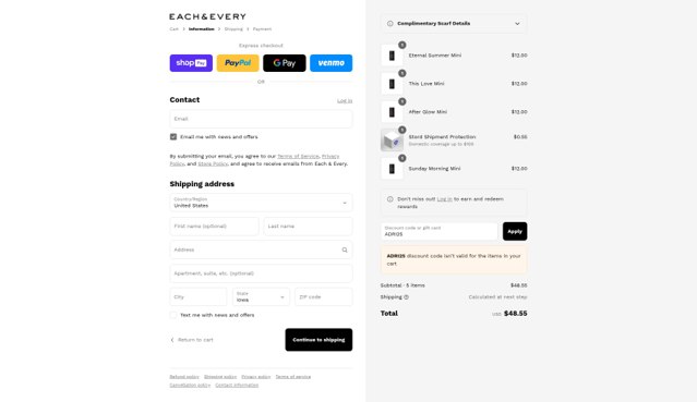 Each & Every checkout page showing Each & Every promo code box | Screenshot taken by SimplyCodes community member on Jul 17, 2025