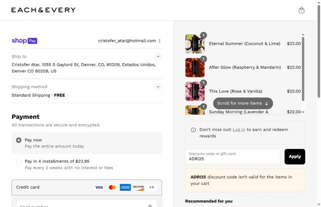 Each & Every checkout page showing Each & Every promo code box | Screenshot taken by SimplyCodes community member on Aug 26, 2025