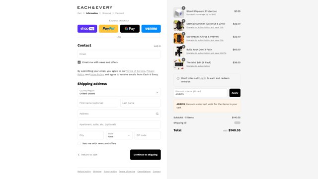 Each & Every checkout page showing Each & Every promo code box | Screenshot taken by SimplyCodes community member on Aug 11, 2025