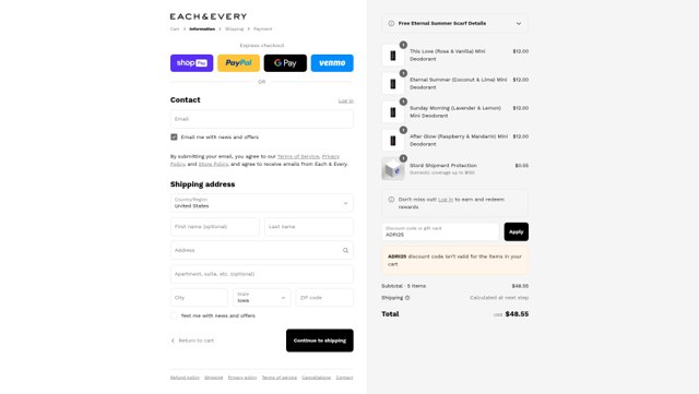 Each & Every checkout page showing Each & Every promo code box | Screenshot taken by SimplyCodes community member on Aug 24, 2025