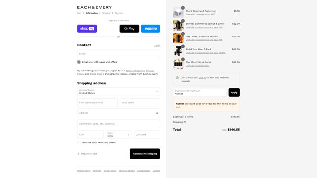 Each & Every checkout page showing Each & Every promo code box | Screenshot taken by SimplyCodes community member on Jul 30, 2025