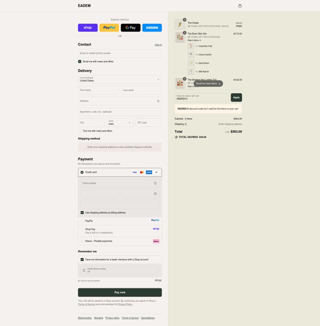 Eadem checkout page showing Eadem discount code box | Screenshot taken by SimplyCodes community member on Sep 11, 2025