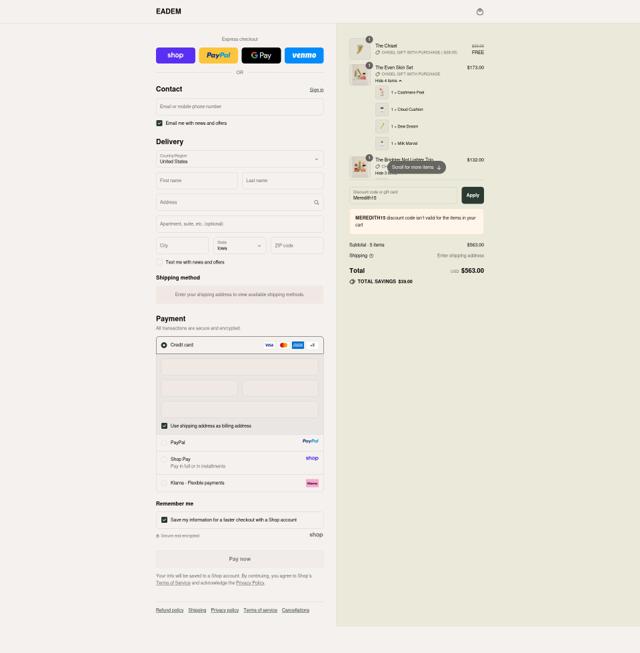 Eadem checkout page showing Eadem discount code box | Screenshot taken by SimplyCodes community member on Sep 15, 2025