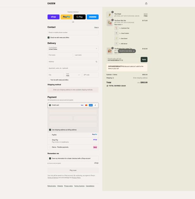 Eadem checkout page showing Eadem discount code box | Screenshot taken by SimplyCodes community member on Sep 15, 2025