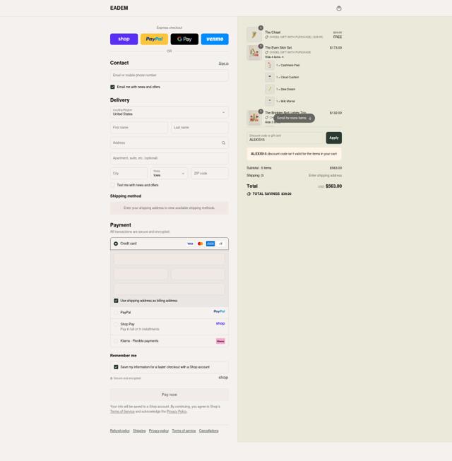 Eadem checkout page showing Eadem discount code box | Screenshot taken by SimplyCodes community member on Sep 15, 2025